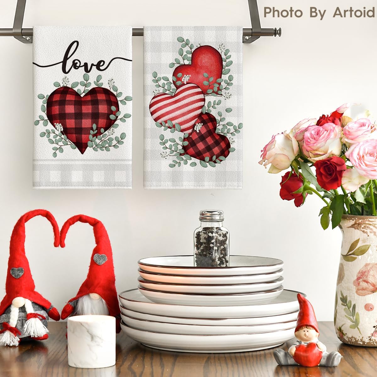 Artoid Mode Red Buffalo Plaid Heart Love Valentine's Kitchen Towels Dish Towels, 18x26 Inch Anniversary Wedding Decoration Hand Towels Set of 2