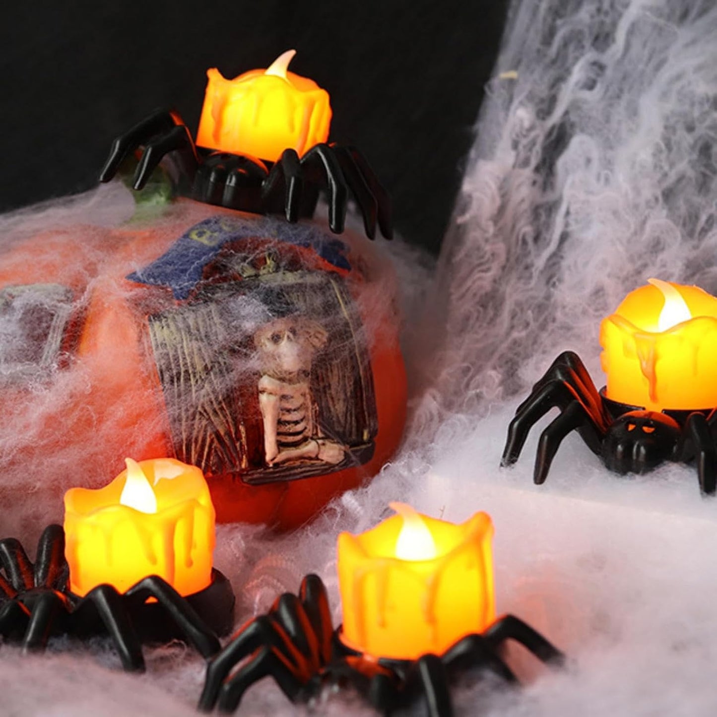 YBB 6 Pcs Halloween Spider Tea Lights, Novelty LED Flameless Spider Candle Holder Lights Battery Operated Orange Tea Lights for Halloween Party Table Home Spooky Decor