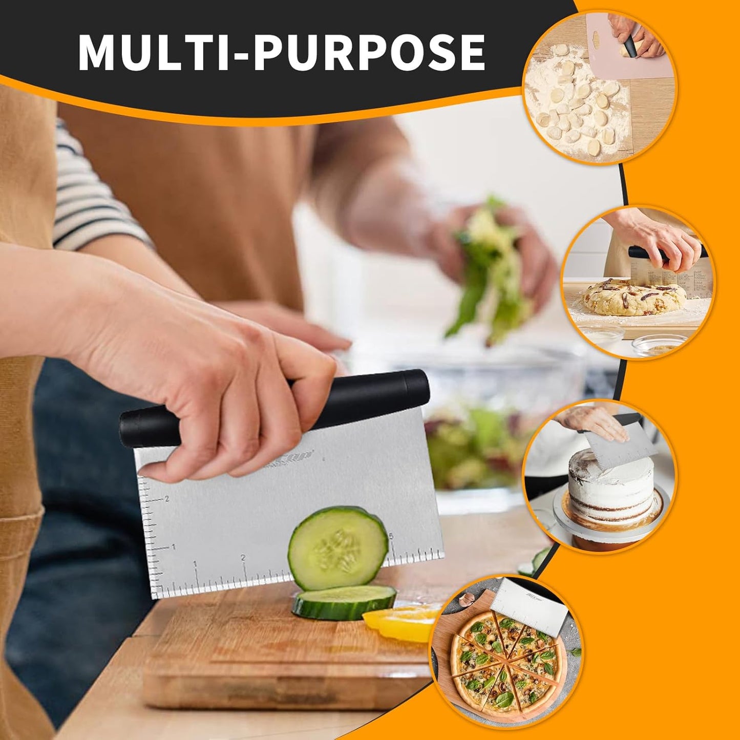 ALLTOP Bench Scraper & Chopper for Kitchen - Ideal Baking Essential Utensil,Stainless Steel Pastry/Dough/Food Cutter Tool for Cake Pizza Bread,Cooking - 1 Pack,Black