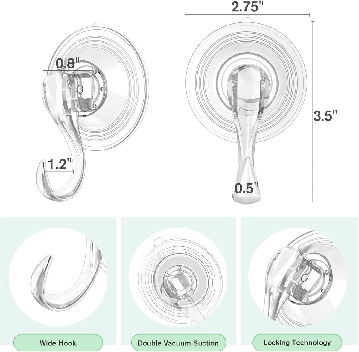 VIS'V Wreath Hanger, Large Suction Cup Wreath Hooks with Wipes, Heavy Duty, 22 LB Capacity, Removable and Reusable, Clear, 2 Pcs