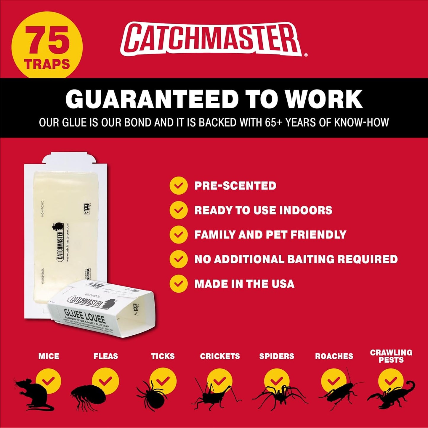 Catchmaster Pro Strength Mouse and Insect Glue Boards, 75-Pack Mouse Traps Indoor for Home, Sticky Pest Control Adhesive for Catching Bugs, Small Mice & Rodents, Non Toxic Bulk Glue Traps