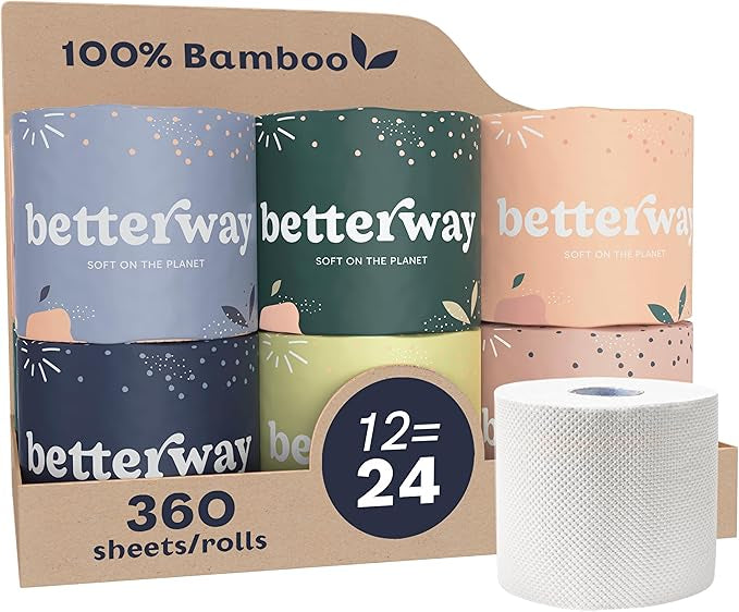 Betterway Bamboo Toilet Paper 3 Ply - Sustainable Toilet Tissue - 12 Double Rolls & 360 Sheets Per Roll - Septic Safe - Organic, Plastic Free - FSC Certified