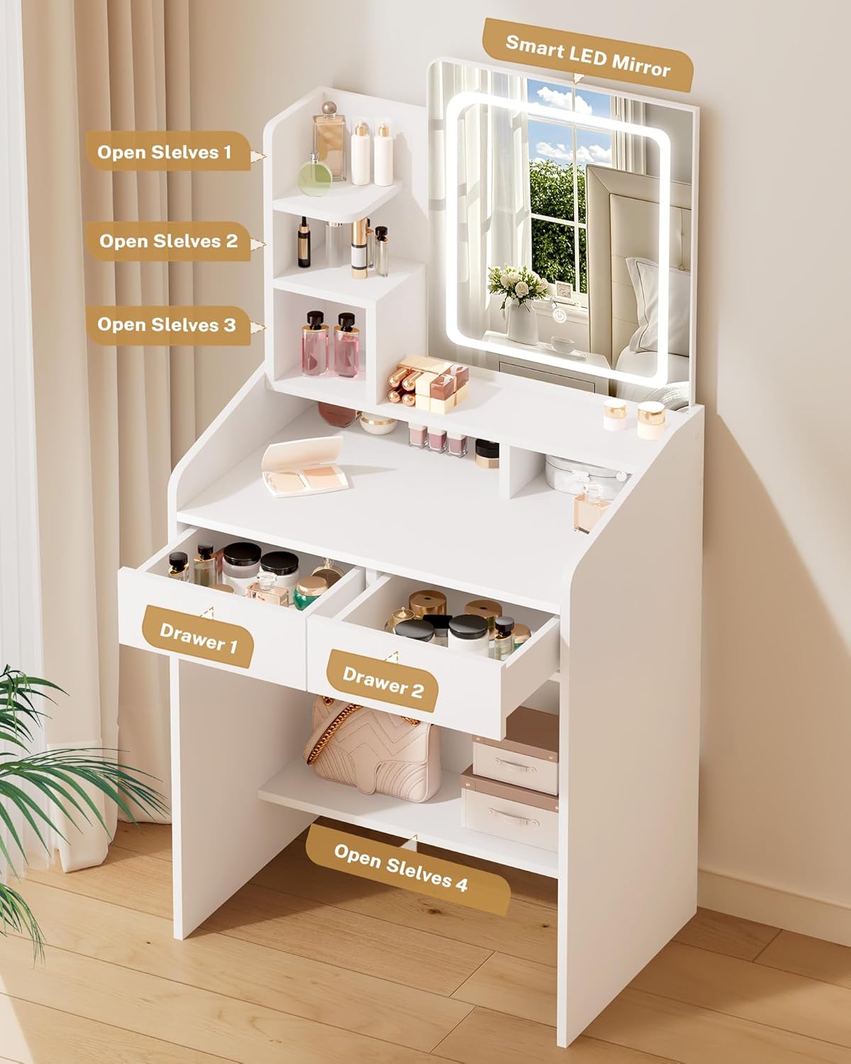 Small Makeup Vanity Desk with Lighted Mirror, White, 23.62" W x 15.74" D x 53.93" H (Smart LED Mirror, Open Shelves, 2 Drawers)