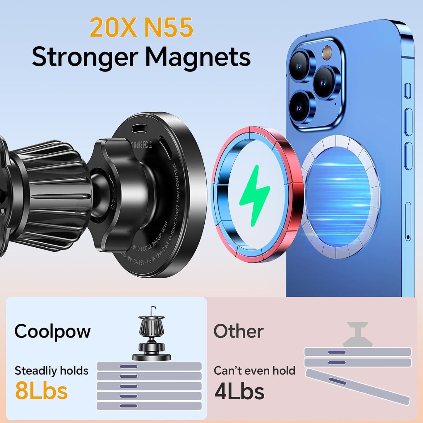 Coolpow for Magsafe Car Mount Charger【100% Stable】 15W Magsafe Car Charger Magnetic Phone Holders for Your Car Accessories for Women Men Car Phone Holder Wireless Car Charger for iPhone 17 16 15 14 13