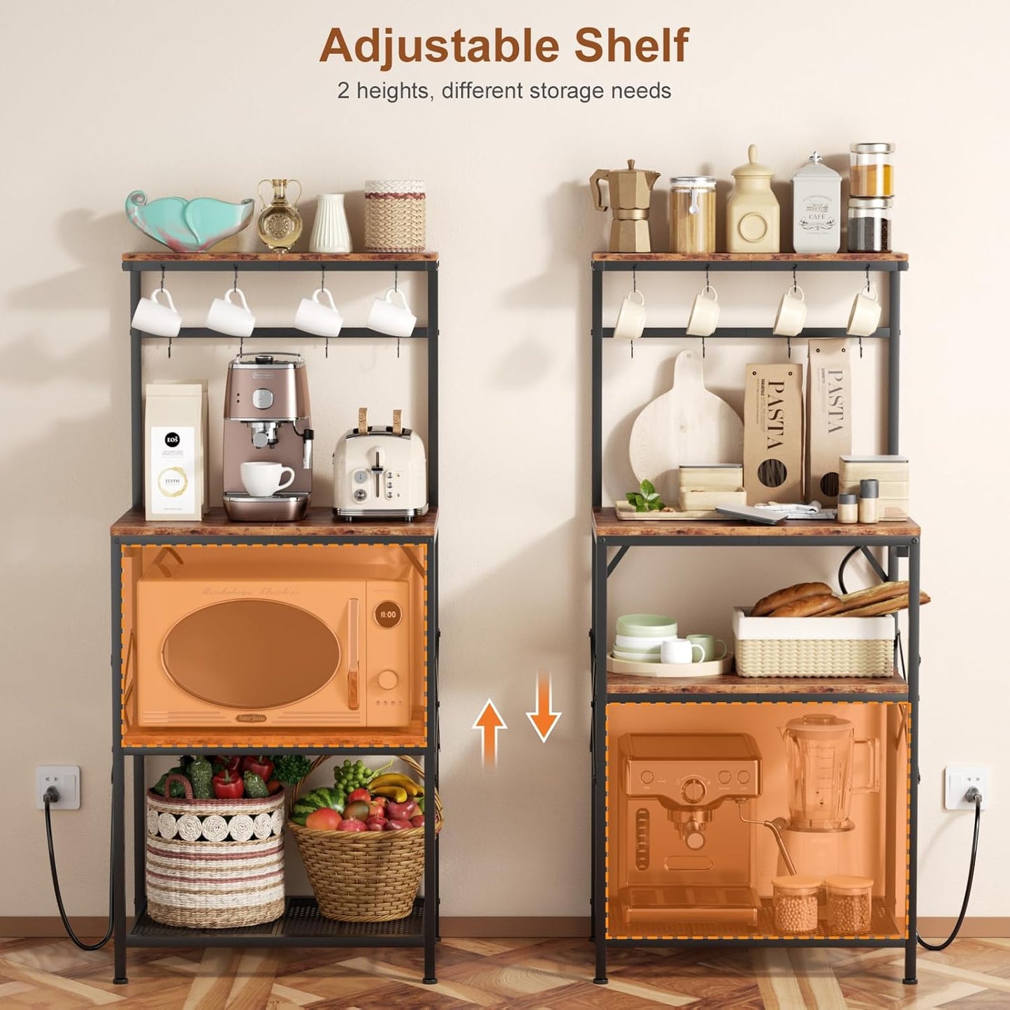 Kitchen Bakers Rack with Power Outlet, Small Coffee Bar Cart 4 Tiers, Microwave Stand Station with 8 S Hooks, Adjustable Shelf, Freestanding Kitchen Appliance Organizer, Rustic Brown