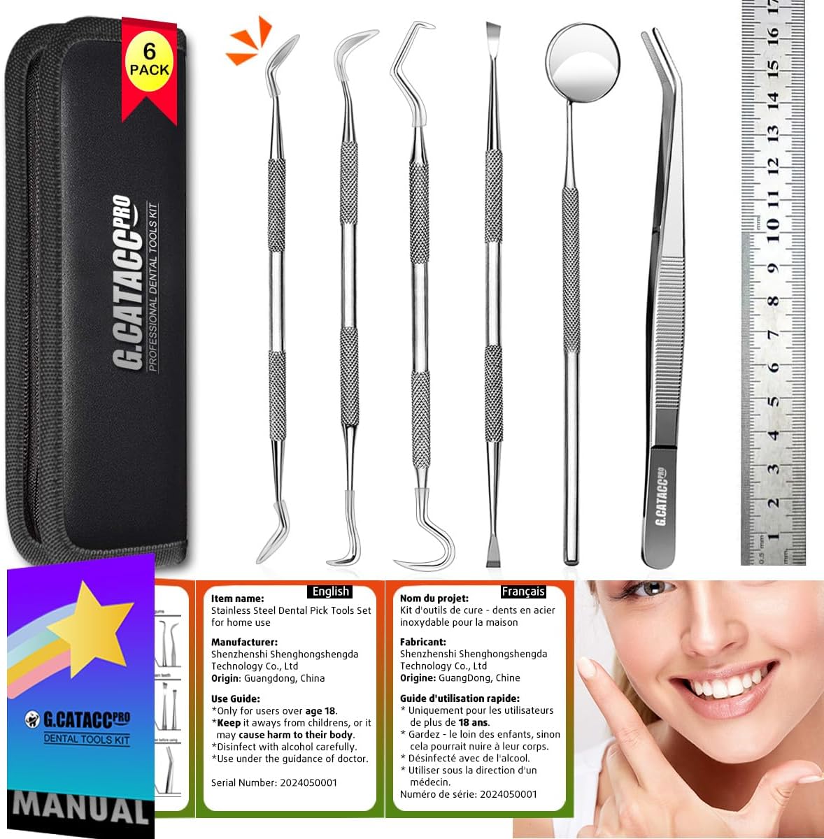 G.CATACC Dental Tools, Dental Pick Teeth Cleaning Tools Hygiene Kit, Plaque Remover for Teeth, Professional Stainless Steel Tooth Scraper Plaque Tartar Cleaner - with Case