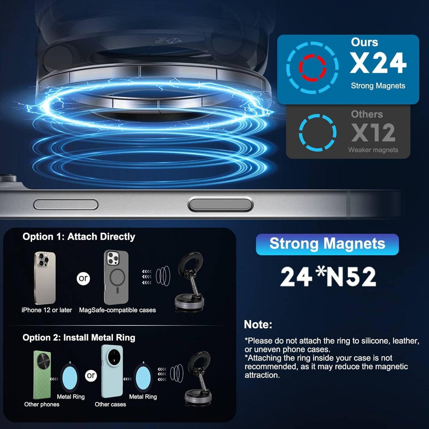 Vacuum Magnetic Suction Phone Holder, Foldable and Retractable Hands-Free Suction Cup Phone Mount for Car/Gym/Mirror/Smooth Surface, Compatible with iPhone Android and All Smartphones (Black)