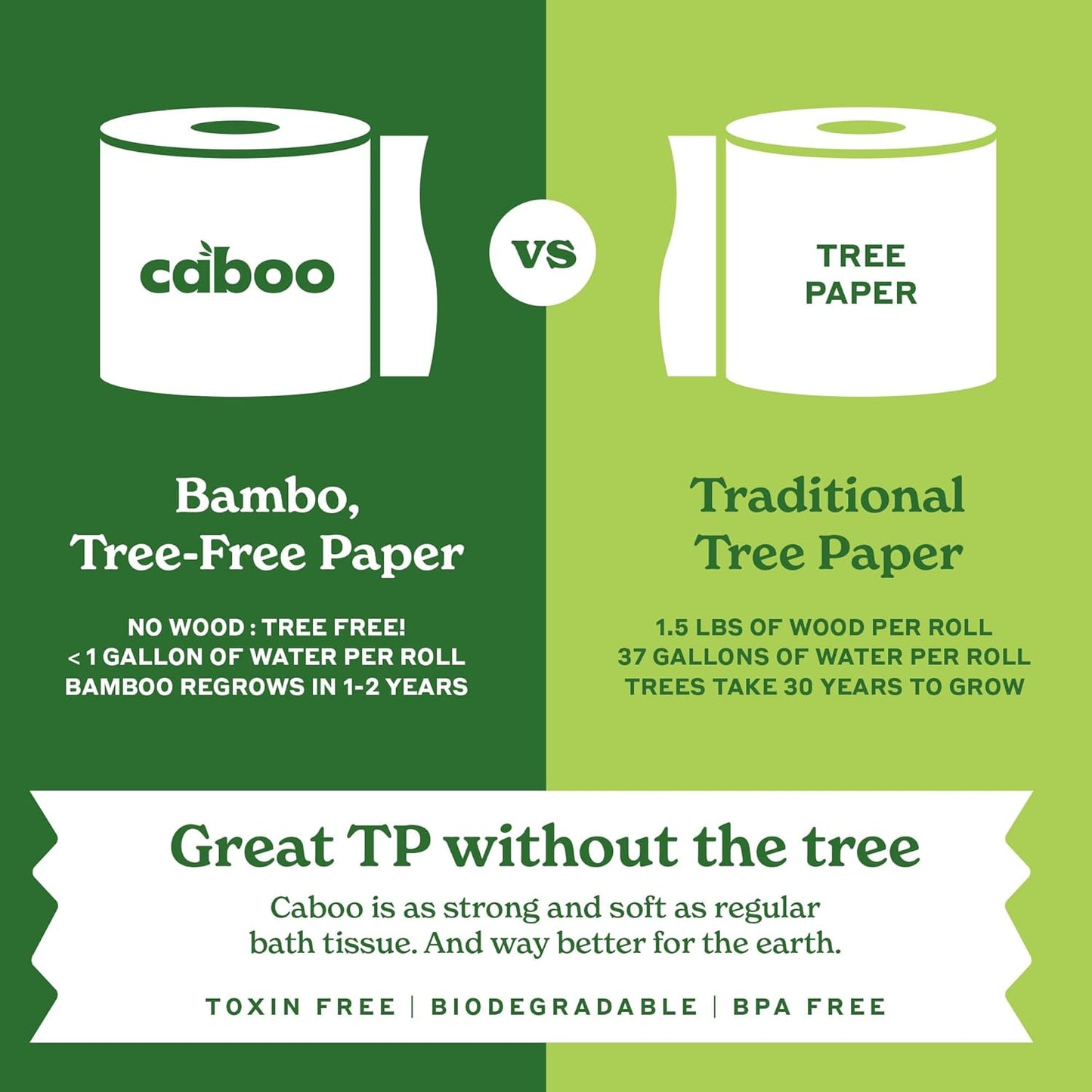 Caboo Tree Free Toilet Paper, Septic Safe Toilet Tissue, Non Toxic, Chemical Free, Non Toxic, 2 Ply Bathroom Toilet Paper | Pack of 24 Double Rolls, 300 Sheets Per Roll