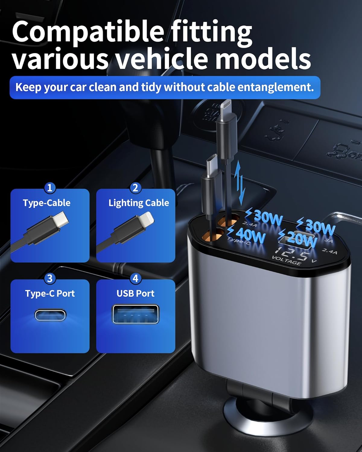 Retractable Car Charger, 4 in 1 Fast Charging Car Charger USB-C & USB-A Compatible with iPhone 17/16/15/14/13/12/11,Galaxy,Pixel