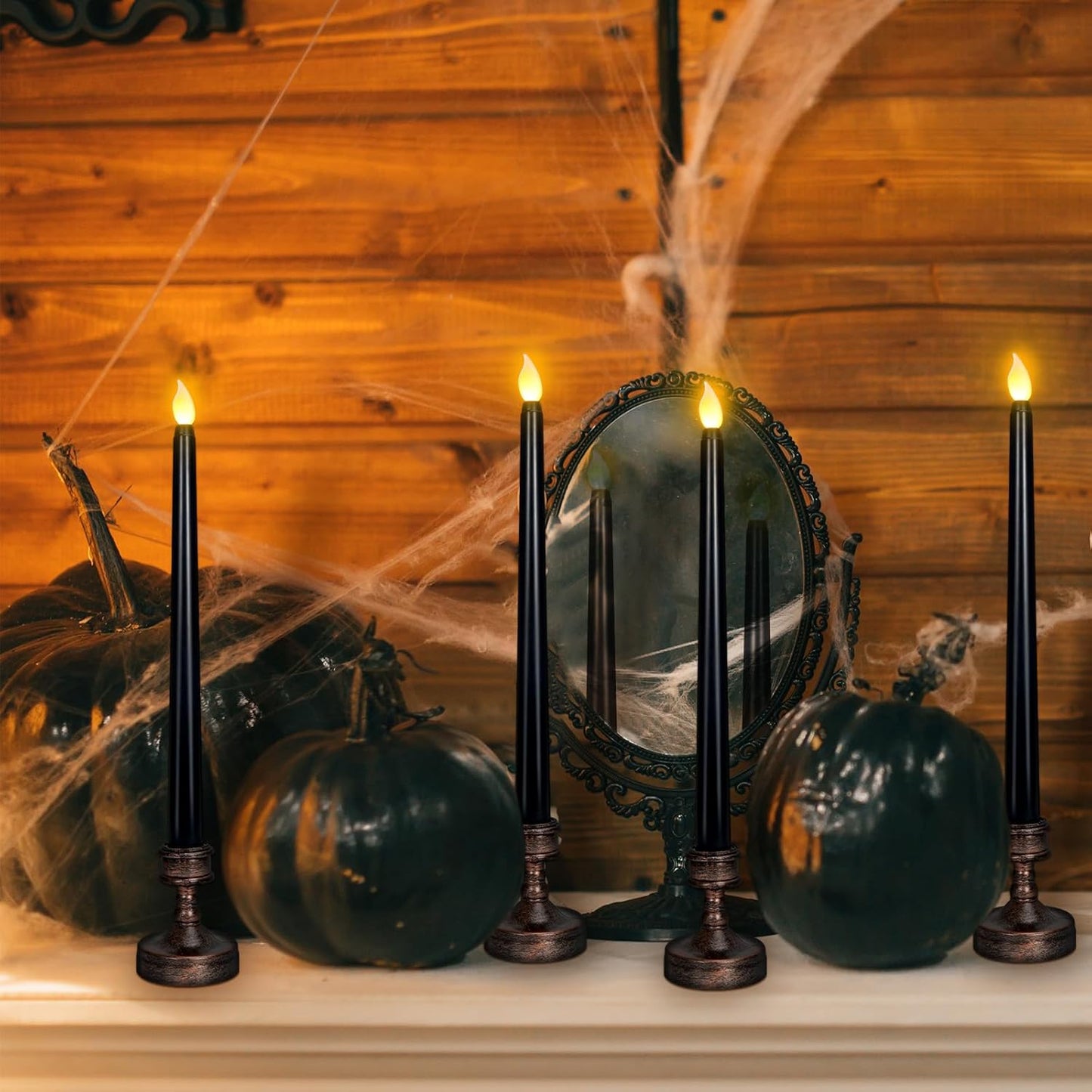 YUNVI Sets of 8 Black Halloween Candles,Flameless Taper Candles with Base,LEDs Candlesticks,Plastic Flickering Flameless Candles for Halloween Fireplace