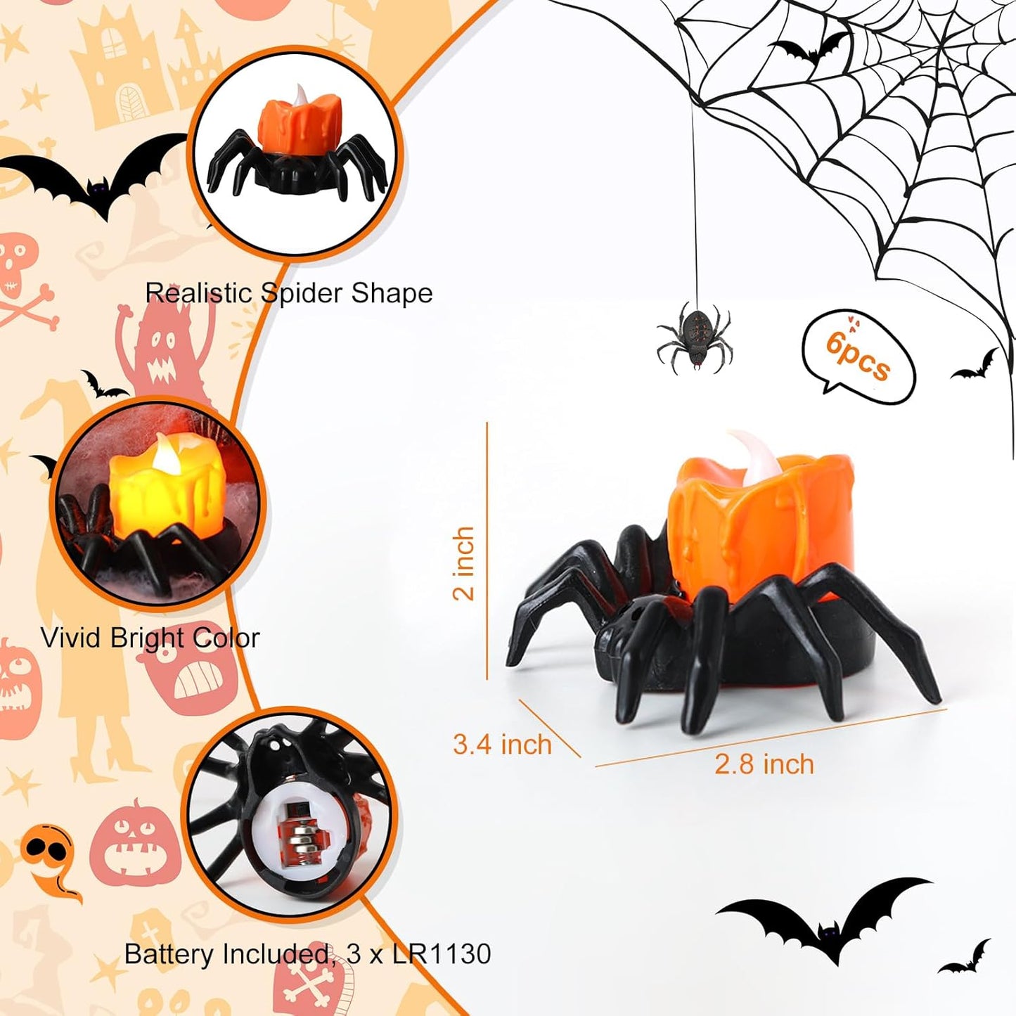 YBB 6 Pcs Halloween Spider Tea Lights, Novelty LED Flameless Spider Candle Holder Lights Battery Operated Orange Tea Lights for Halloween Party Table Home Spooky Decor