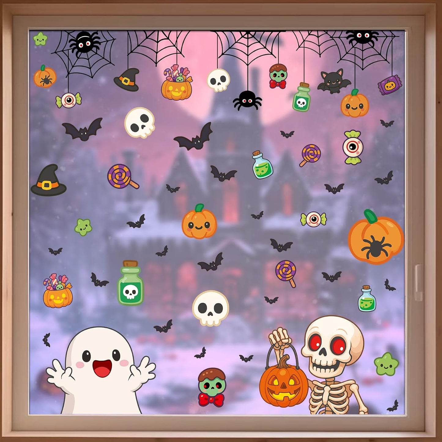 120 Pcs Halloween Window Clings Stickers– 9 Sheets Halloween Decorations, Double-Sided Window Stickers with Pumpkins Skeletons, Removable Glass Decals for Indoor Outdoor Trick or Treat Parties