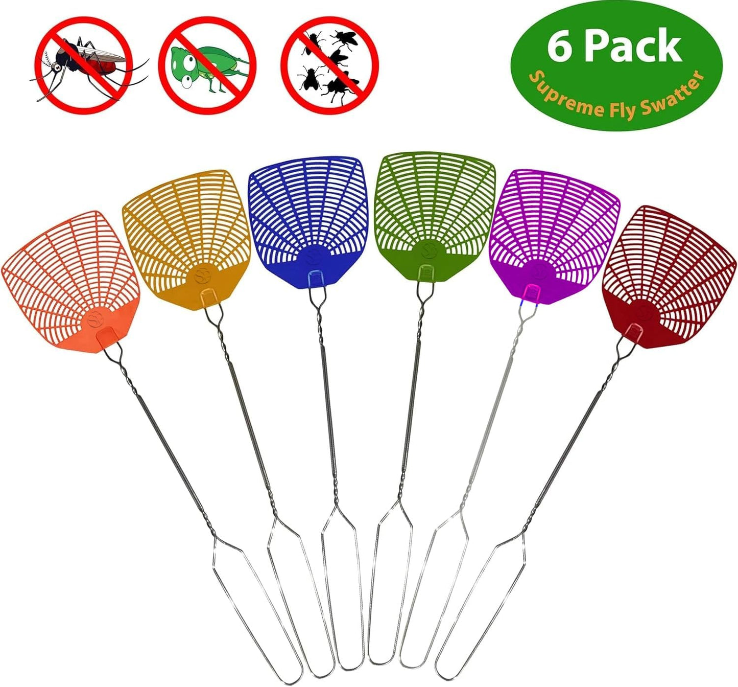 Supreme Bug & Fly Swatter 6-Pack – Braided Metal Handle 6 Pack Fly Swatters, Multi Pack Colors, – for Indoor/Outdoor – Flyswatter