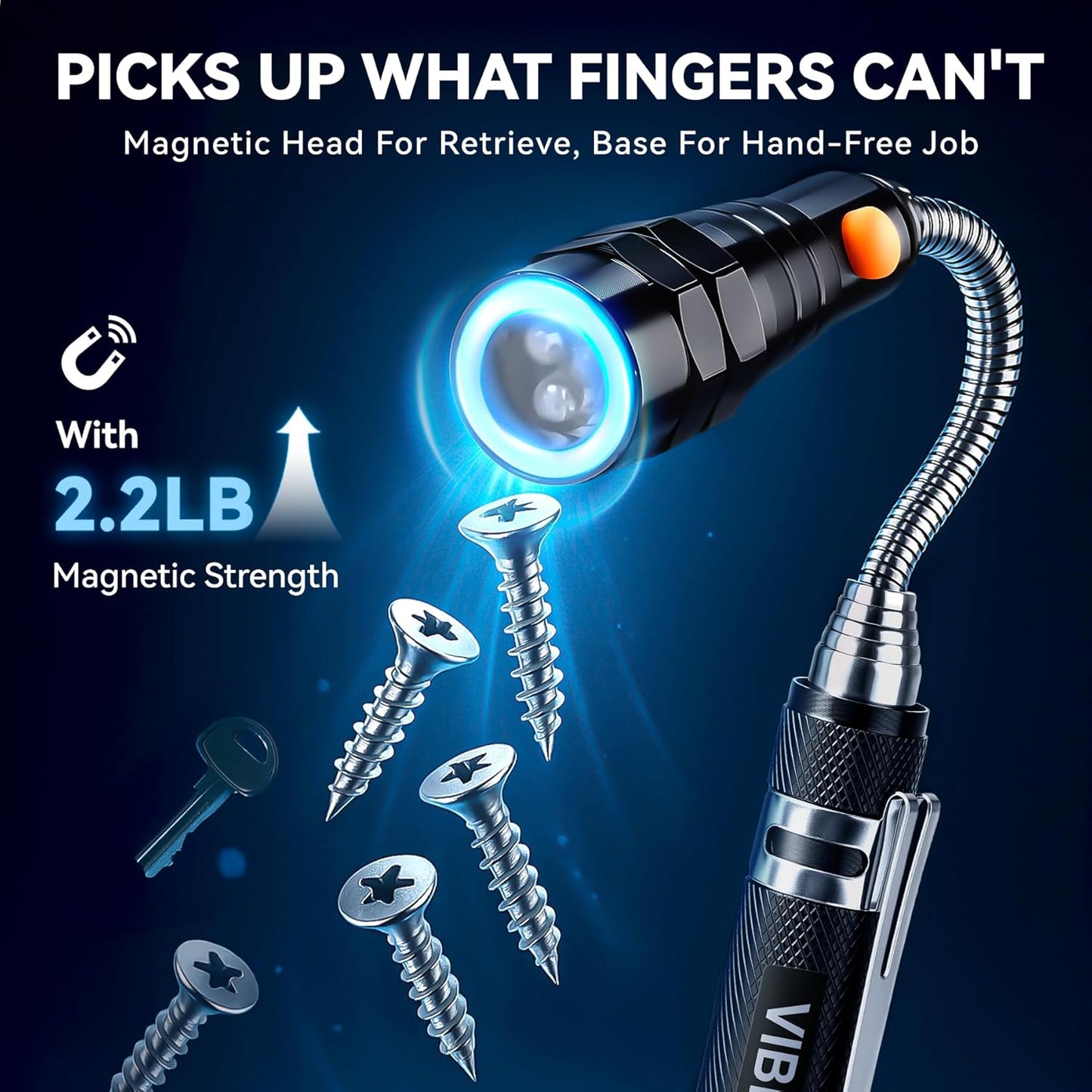 VIBELITE Extendable Magnetic Flashlight with Telescoping Magnet Pickup Tool-Cool Gadget Gifts Stocking Stuffers for Men, Teen Boys, Husband, Dad, Father, Mechanic, Him, Women, Black