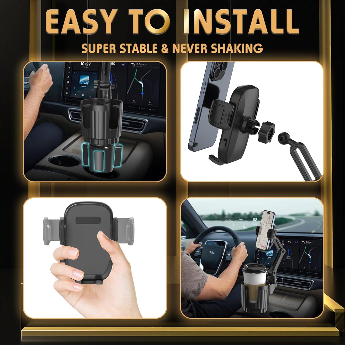Phone Holders for Your Car, 2 in 1 Universal Cup Holder Expander Adjustable Base with Phone Mount, Long Arm with 360°Rotation Cup Holder Phones Mount for Car Compatible with All Smartphones