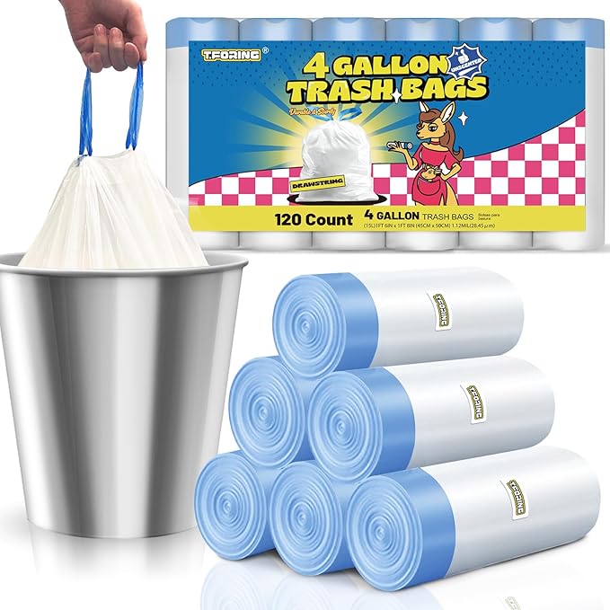 4 Gallon Trash Bags Drawstring 1.1 Mil - 120 Count White Small Garbage Bags Unscented for Bathroom, 15 Liter Thick Plastic Wastebasket Liners for Toilet Home Office and Bedroom