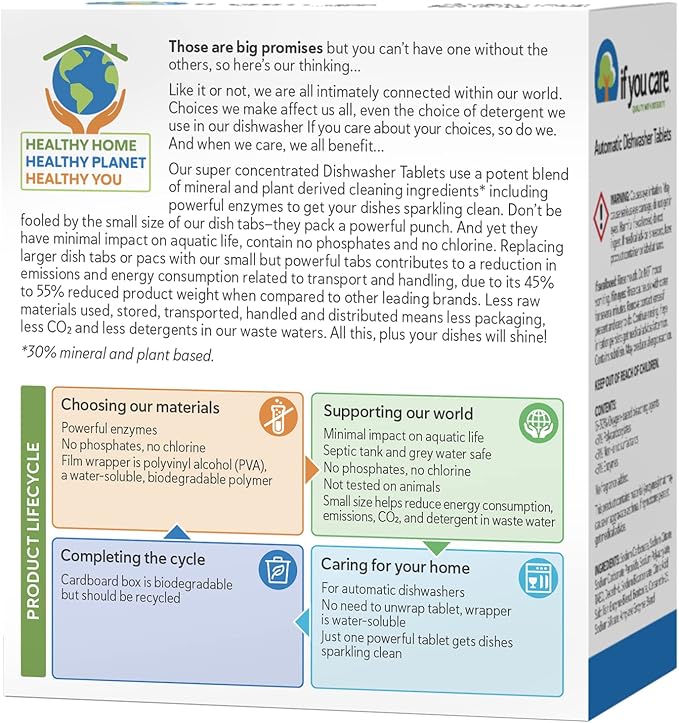 If You Care Dishwasher Tablets 40 Count - Powerful, Plant Based, Concentrated, Biodegradable, Natural Dish Cleaner Detergent, Dishwashing Soap Tabs