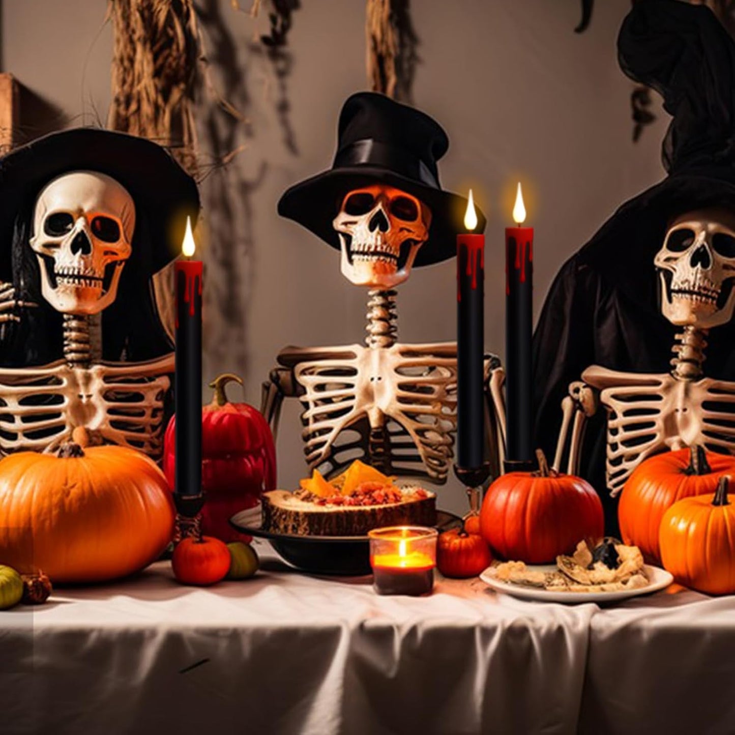 Halloween Black Flameless Taper Candles with Remote Timer, 4 Pcs Red Drip Wax LED Candlesticks with 3D Flickering Flame for Home Fall Indoor Halloween Decor(0.78 x 8.9 Inches)