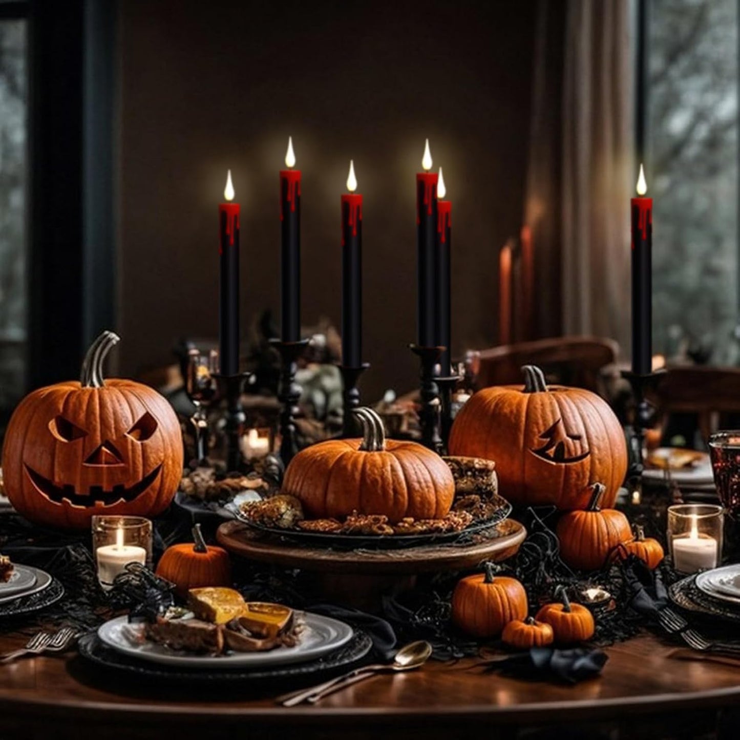 Halloween Black Flameless Taper Candles with Remote Timer, 4 Pcs Red Drip Wax LED Candlesticks with 3D Flickering Flame for Home Fall Indoor Halloween Decor(0.78 x 8.9 Inches)