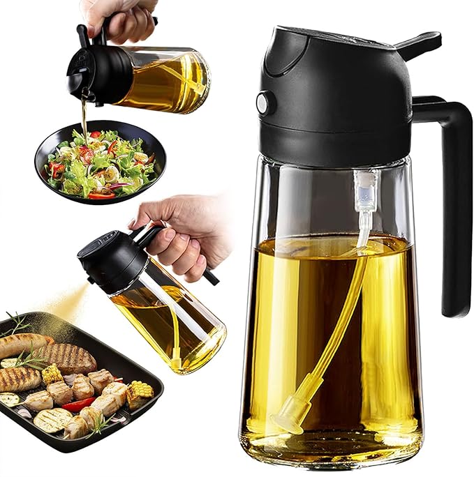 TrendPlain 16oz/470ml Glass Olive Oil Sprayer for Cooking - 2 in 1 Olive Oil Dispenser for Kitchen Gadgets, Air Fryer, Salad, and BBQ - Black