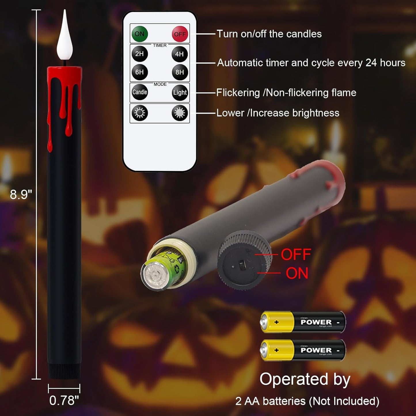 Halloween Black Flameless Taper Candles with Remote Timer, 4 Pcs Red Drip Wax LED Candlesticks with 3D Flickering Flame for Home Fall Indoor Halloween Decor(0.78 x 8.9 Inches)