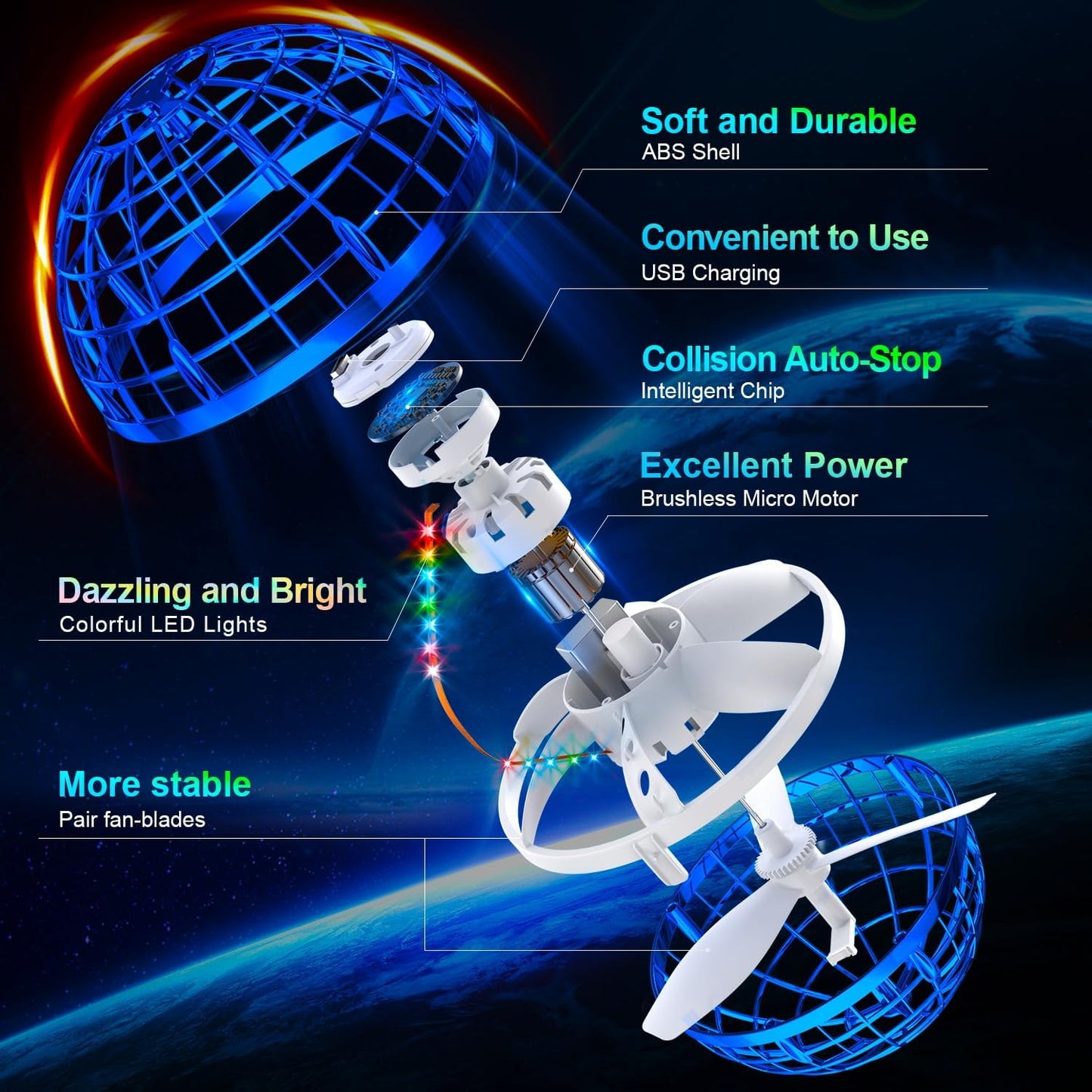 Flying Orb Ball (Blue, 2025 Upgraded) with Dazzling Lights, Magic Hover Spinner, Cool Boomerang Drone, Floating Cosmic Globe, Kids Toys Gifts for 6 7 8 9 10 Year Old Boys Girls