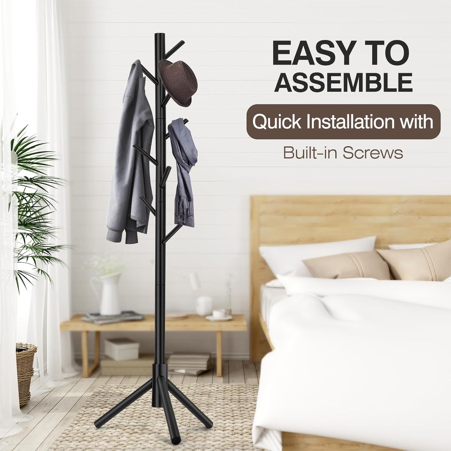 Coat Rack, Freestanding Coat Rack with 8 Hooks and 3 Adjustable Size Tree Coat Racks for Bedroom, Hallway, Entrance, Office, for Hats, Coats, Scarves, Handbags