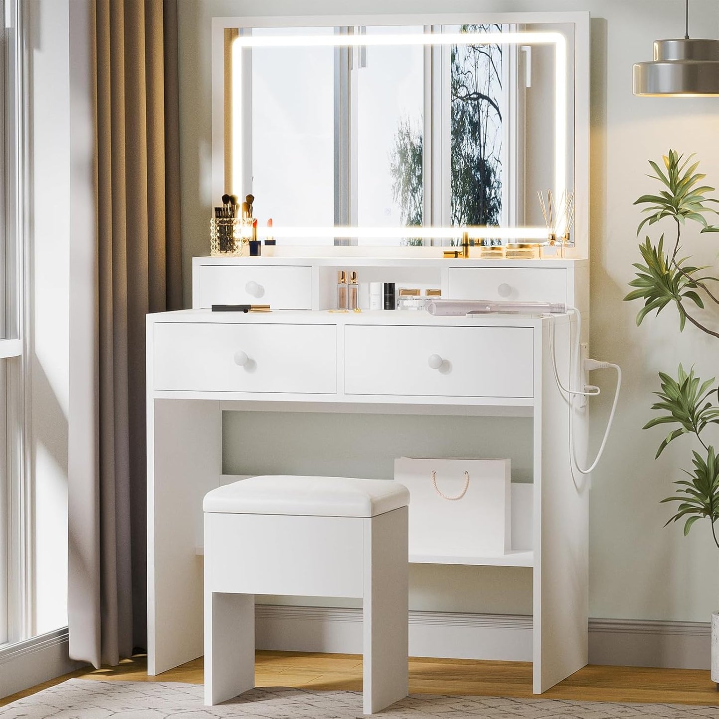Haewon Vanity Desk with Mirror and LED Lights, White Makeup Vanity with Power Outlet, Storage Drawers and Chair, Dressing Table Set for Bedroom Dressing Room