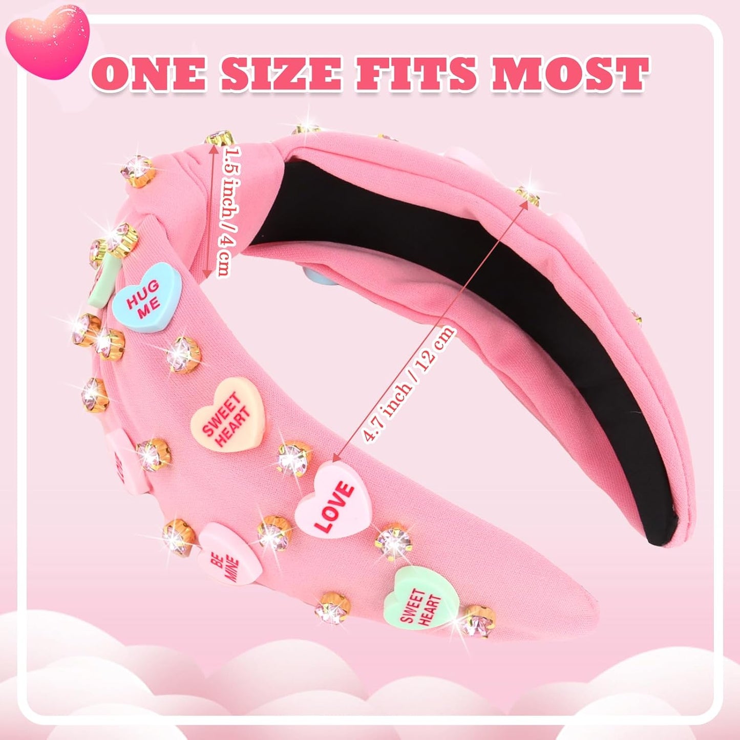 YARIEW Valentines Day Headbands for Women Love Sweet Heart Headband Pink Rhinestone Knotted Headband for Women Valentine Day Decorations Fashion Headband Hair Accessories