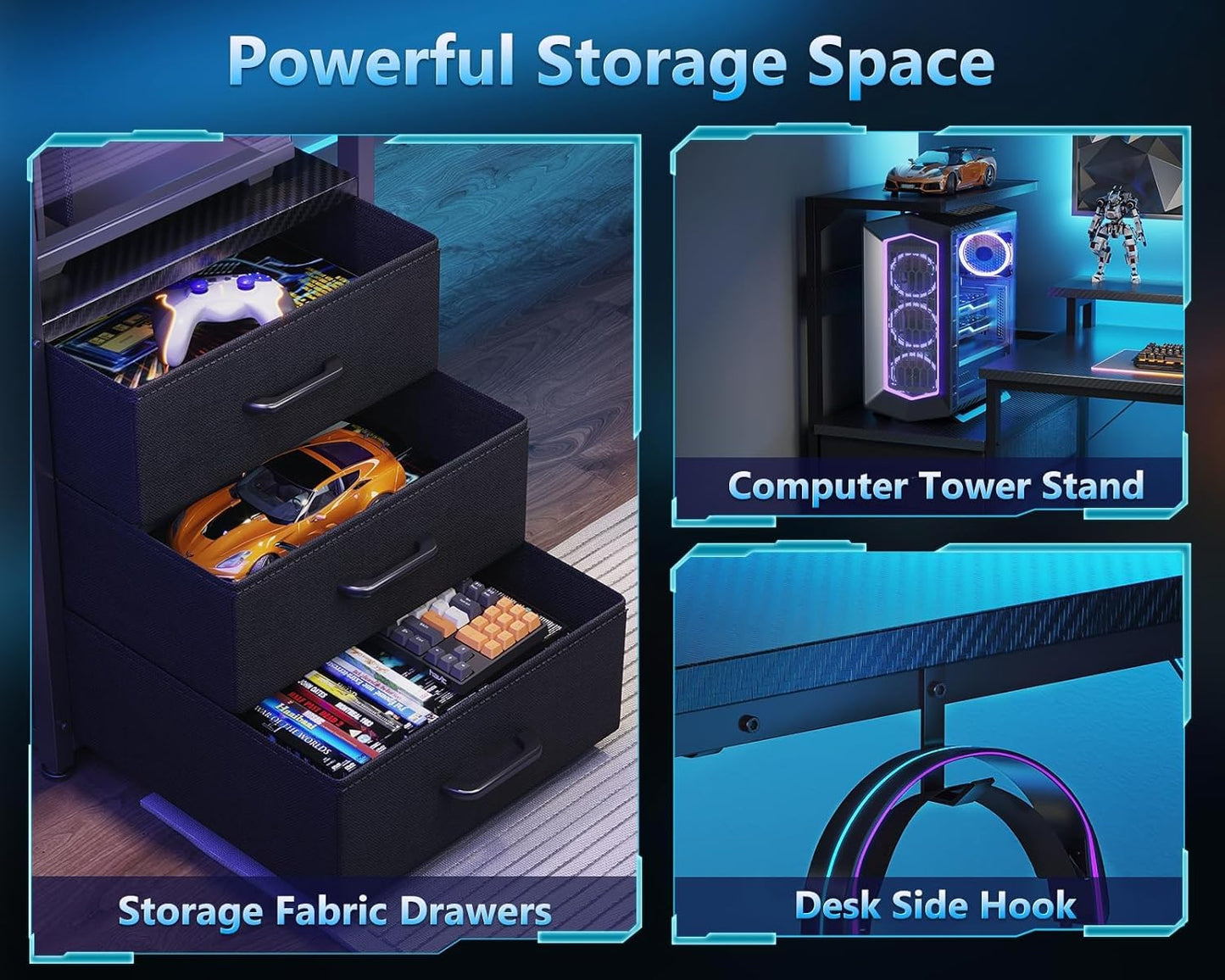 AODK 59 Inch Gaming Desk with USB Charging Ports & LED Light- Reversible Computer Desk with Storage Shelves & Monitor Stand, Modern Gamer Desk Table with Fabric Drawers & Side Hook, Carbon Fiber Black