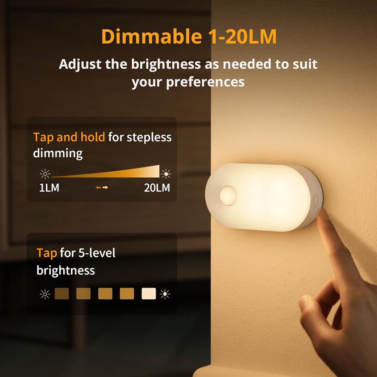 Lyridz Rechargeable Battery Night Light with Motion Sensor, Portable Mini Warm White LED Stick-on Closet Light, Adjustable Brightness for Bathroom, Bedroom, Kitchen, Cabinet, Stairs, Hallway, 2-Pack