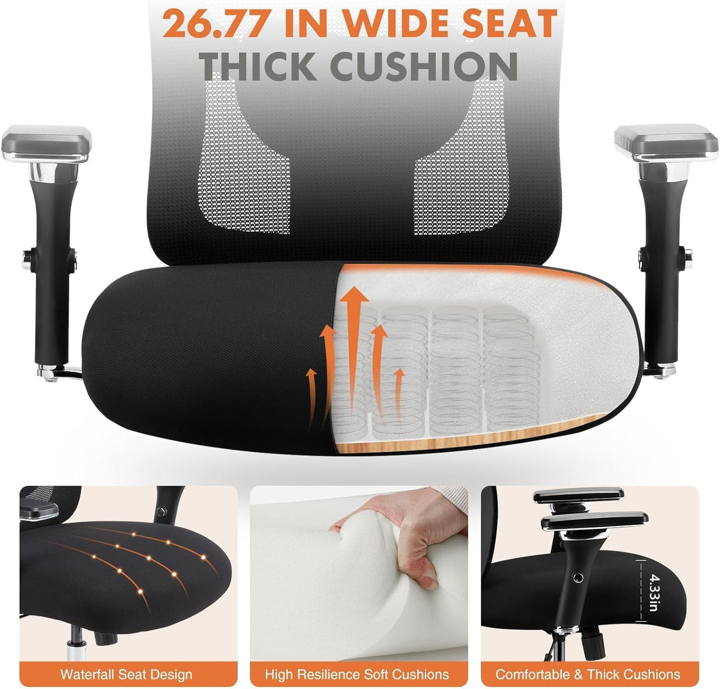 Sweetcrispy Big and Tall Office Desk Chair with Lumbar Support, 500lbs Heavy Duty Mesh Ergonomic Computer Chair with 4D Armrest and Wide Comfy Seat, Wheels for Adult