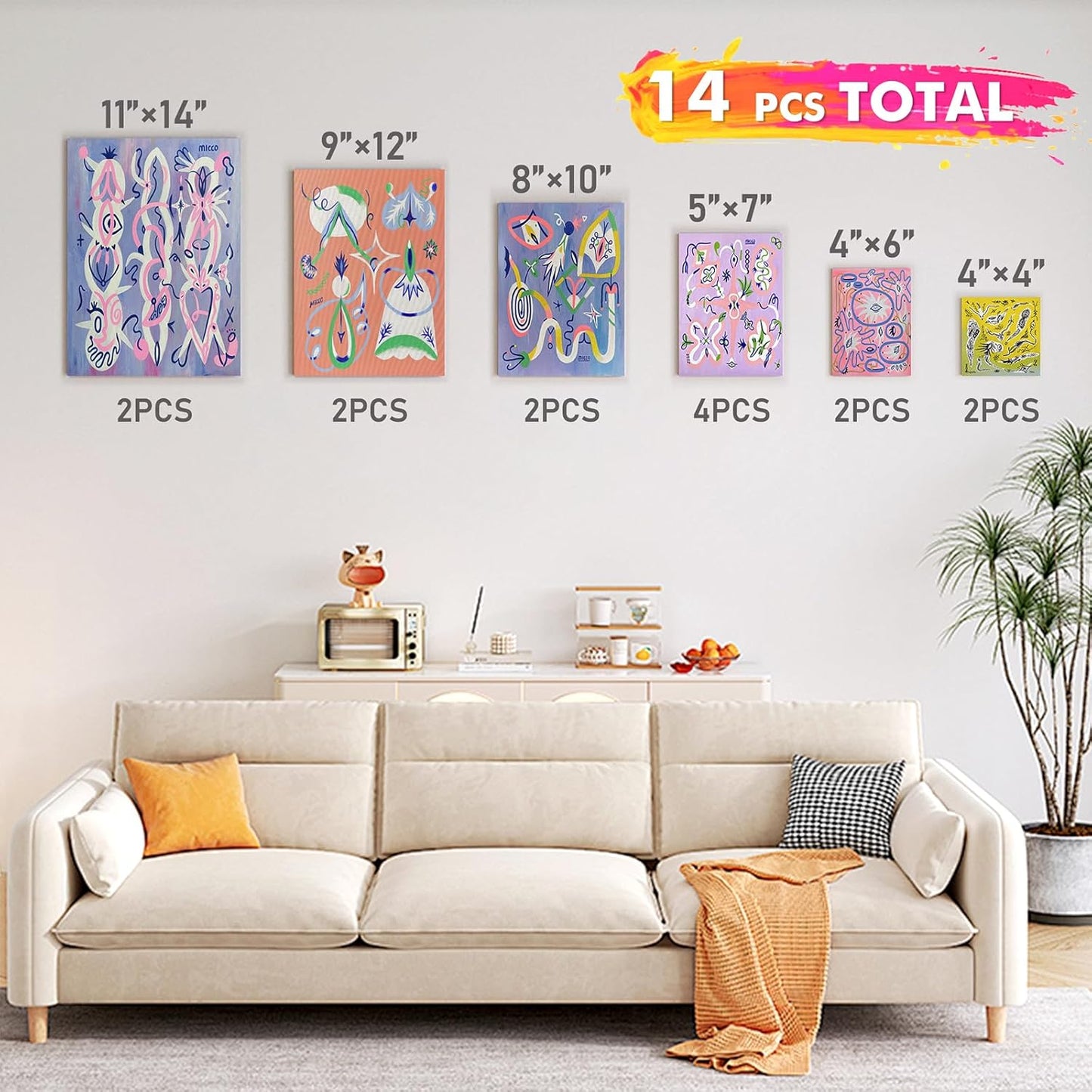 Gotideal Canvas for Painting, 14 Pcs Muti Pack Stretched Painting Canvas, Blank Paint Canvases for Acrylic, Oil, Art Supplies for Artists, Adults 4x4,4x6, 5x7, 8x10,9x12, 11x14 Set of 14