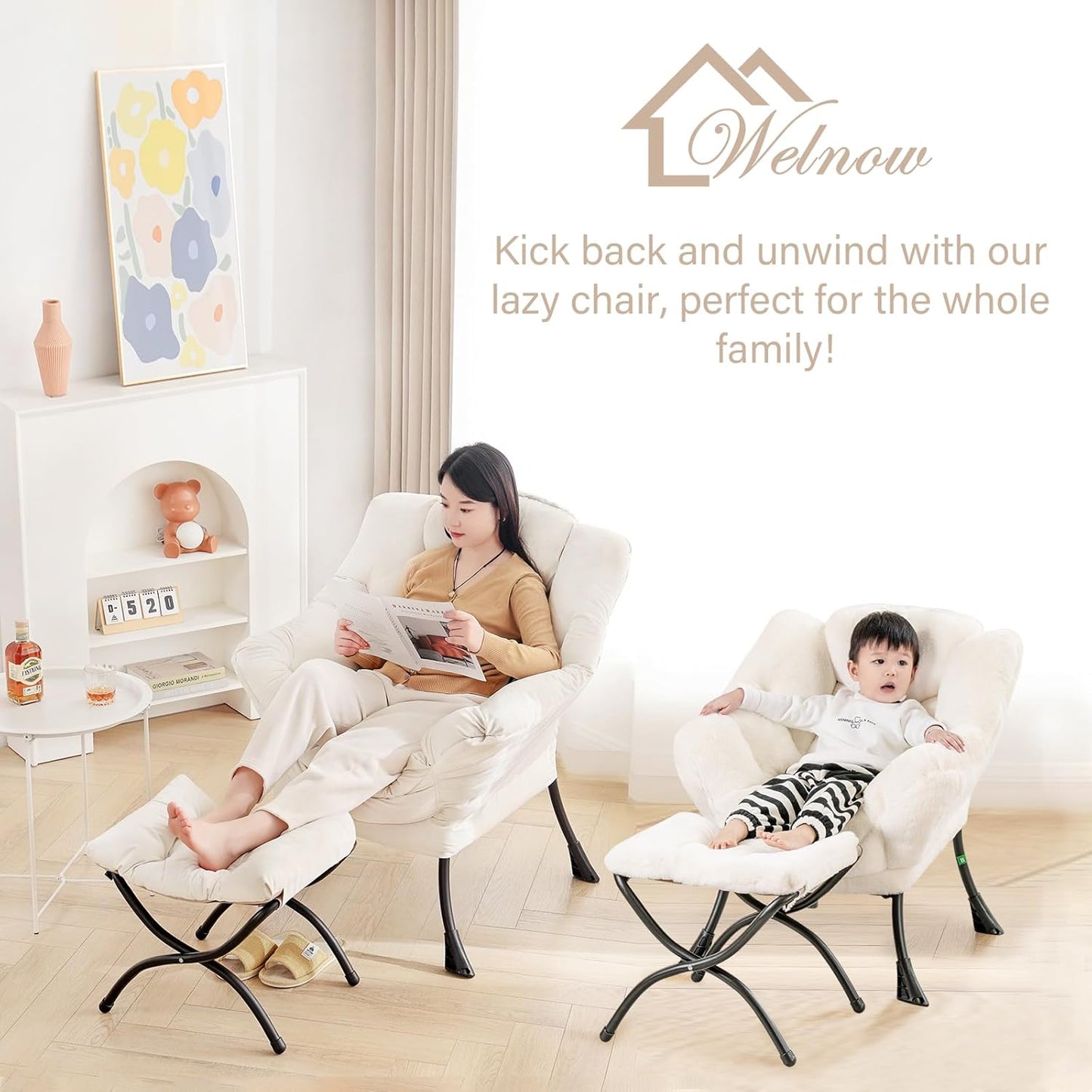 Welnow Lazy Chair with Ottoman, Modern Lounge Accent Chair with Armrests and a Side Pocket, Leisure Sofa Armchair, Reading Armchair with Footrest for Small Space, Dark Grey