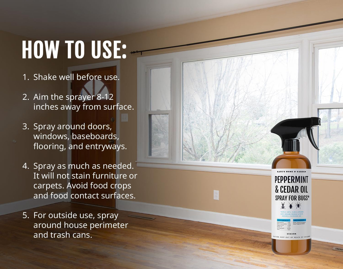 Kate's Home & Garden Peppermint Oil Spray for Bugs, Ants, Insects, Spiders. Pesticide and Insecticide Indoor Repellent Pest Control with Cedarwood Oil (16oz, Natural, Pet Safe, Non Toxic)