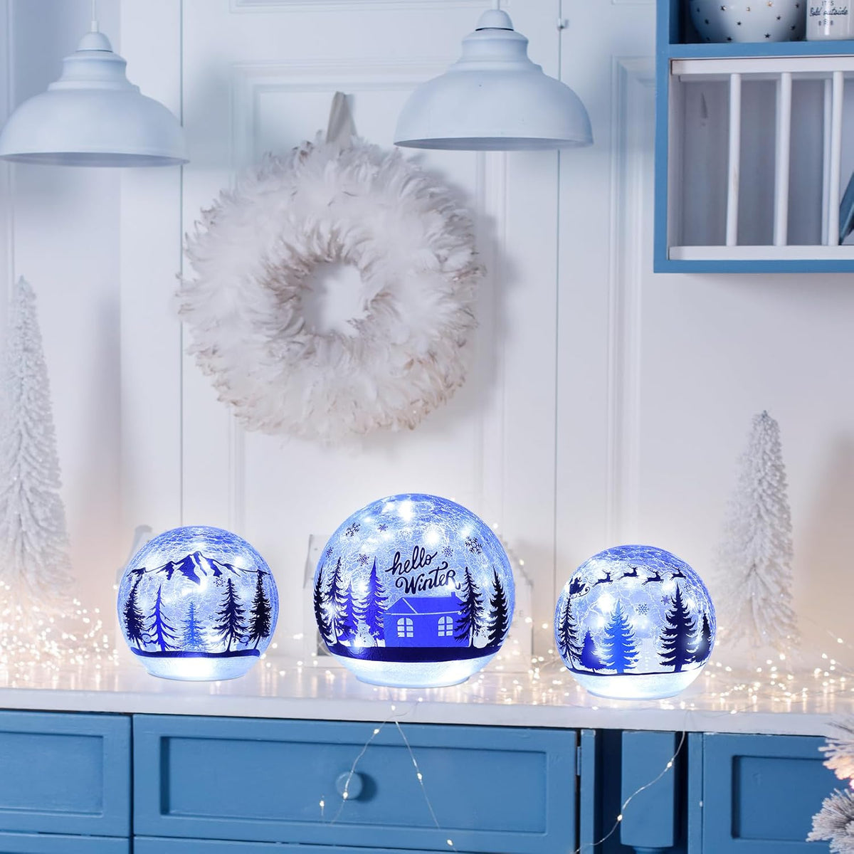 YEAHOME Christmas Decorations Indoor, Set of 3 Crackle Glass Ball with LED Lights Christmas Tree Snowman, Christmas Table Decorations Hello Winter Globes with Timer for Home Mantel Fireplace Decor