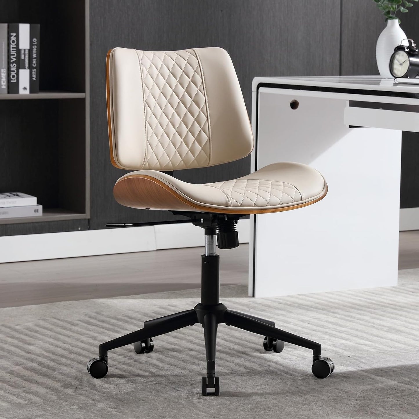Home Office Chair No Arms with Wheels, Adjustable Height Small Desk Chair, PU Leather Mid Back 360 Swivel Computer Chair, Armless Modern Walnut Chair for Office, Reading Meeting Room(Beige)