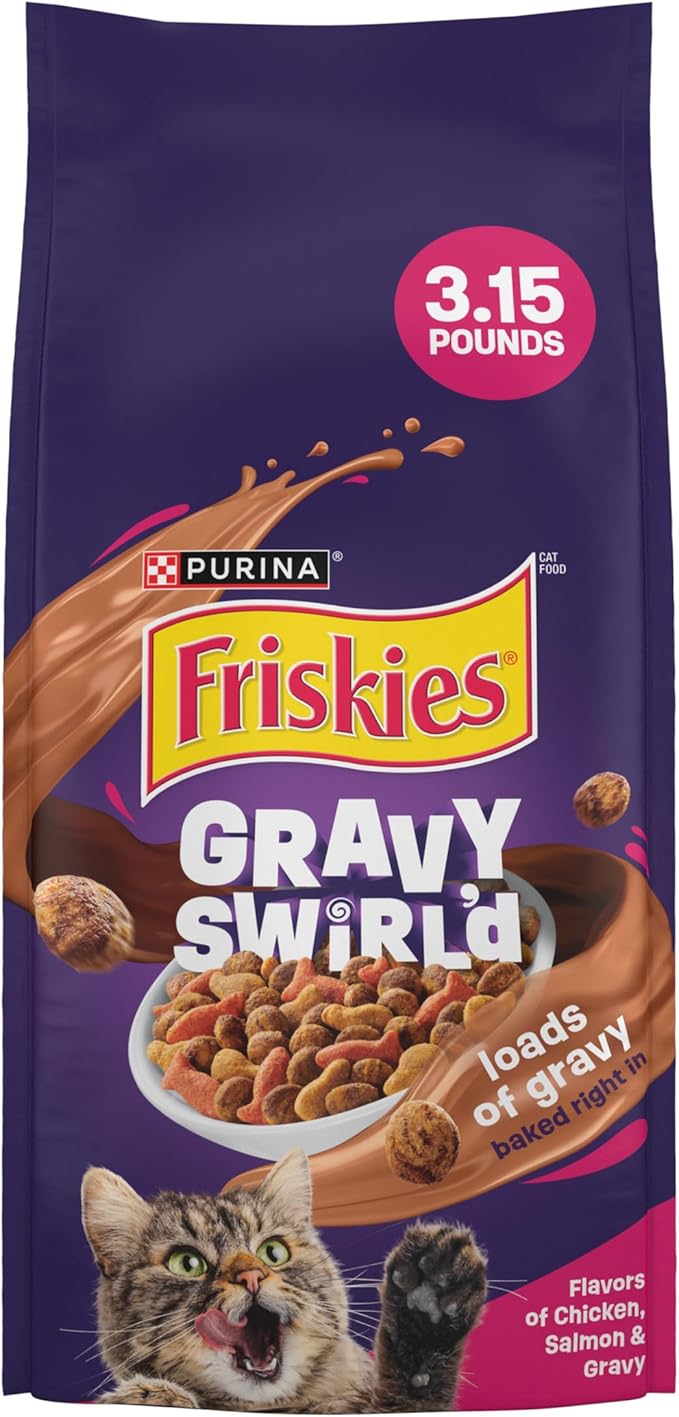 Purina Friskies Dry Cat Food Gravy Swirl'd With Flavors of Chicken, Salmon and Gravy - 3.15 lb. Bag