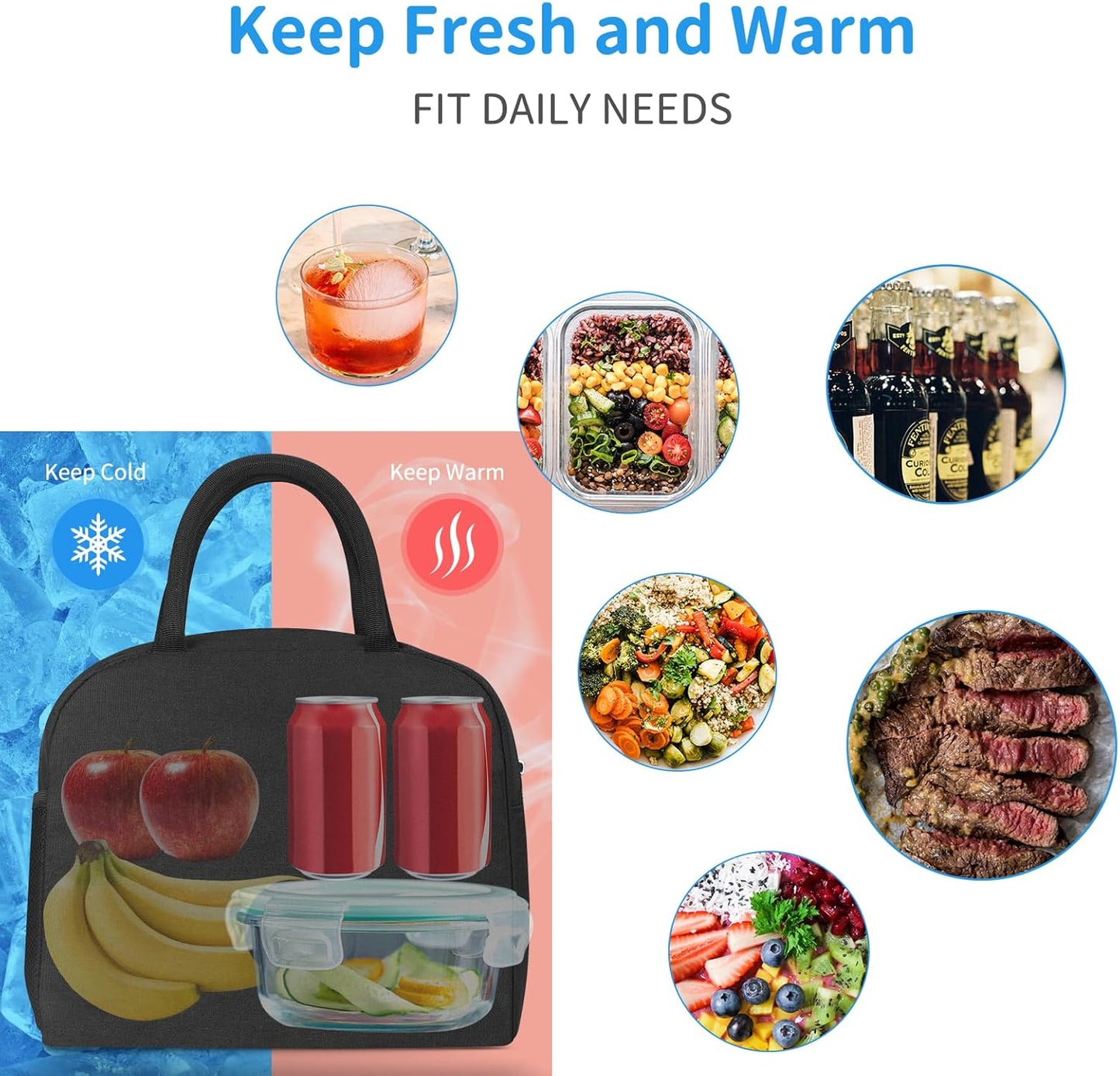 DALINDA Lunch Bag Lunch Box for Women Men Reusable Insulated Lunch Bags,Water-Resistant Cute Cooler Lunch Tote Bag, Large Capacity for Work Travel Picnic,Black