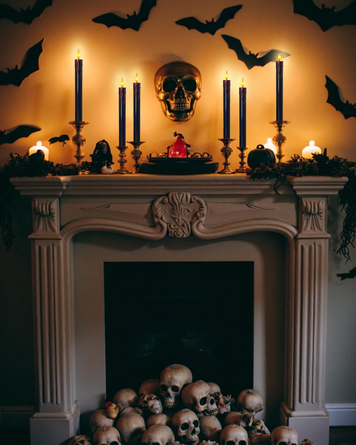 Flameless Bleeding Candles – 6 Pack, Black LED Taper Candles with Red Dripping Wax Effect, 0.8 x 9.9 Inches, Includes 2 Remotes – Creepy Halloween Decor for Haunted Houses & Horror Parties