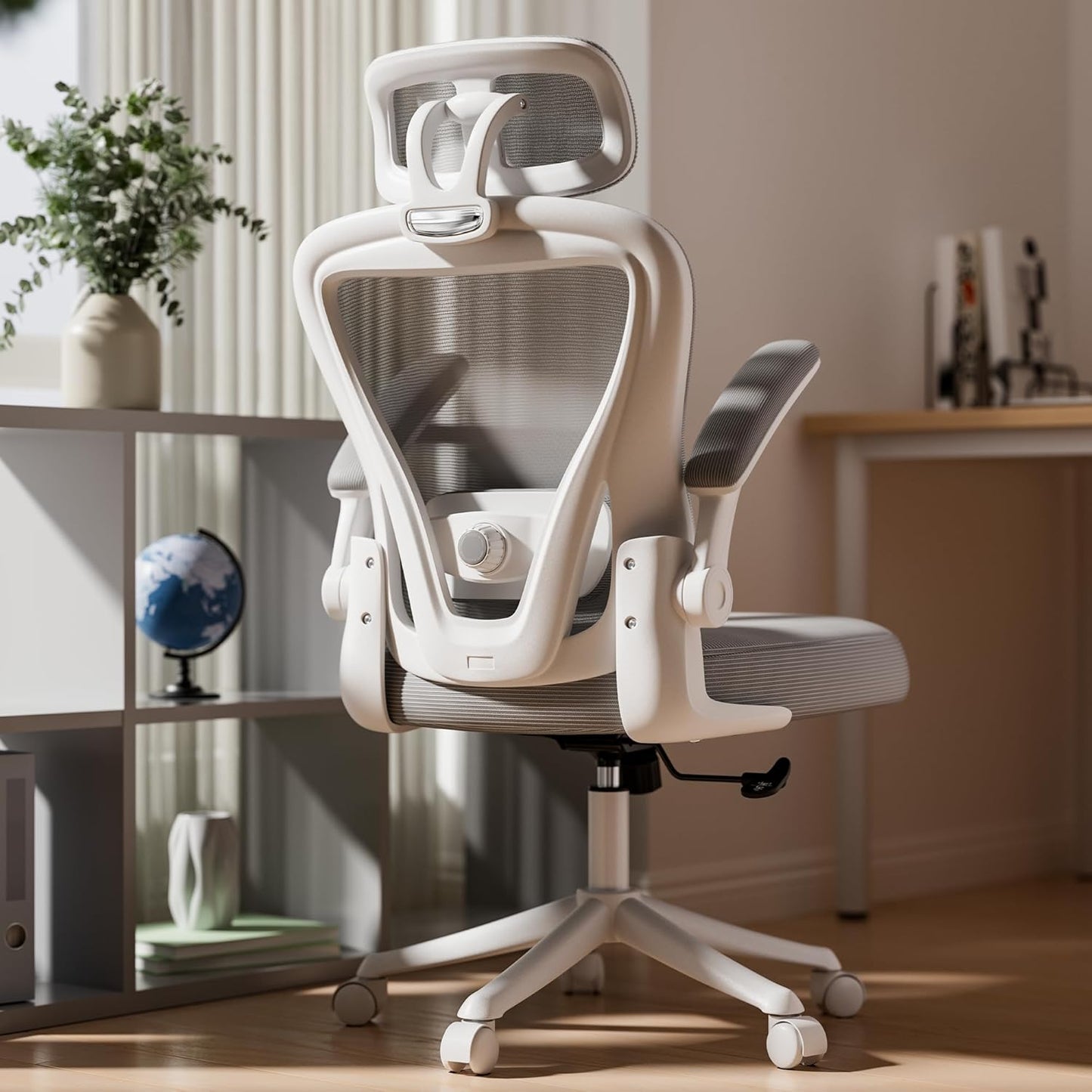 Computer Desk Chair, Ergonomic Office Chair M903 with Wheels, High Back Mesh Office Chair with Adjustable Lumbar Support, Headrest, Flip-Up Armrests, Withe Grey