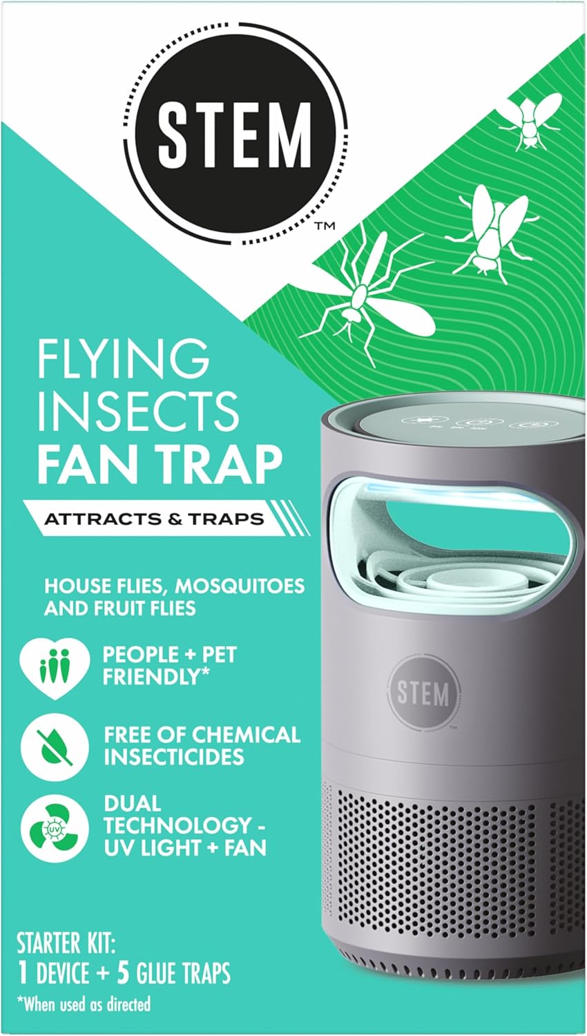 STEM Flying Insect Fan Trap for Indoor Bug Control, Attracts Mosquitoes, Fruit Flies, and House Flies, Plug-in Fan with UV Light, Starter Kit Includes 1 Device and 5 Glue Traps