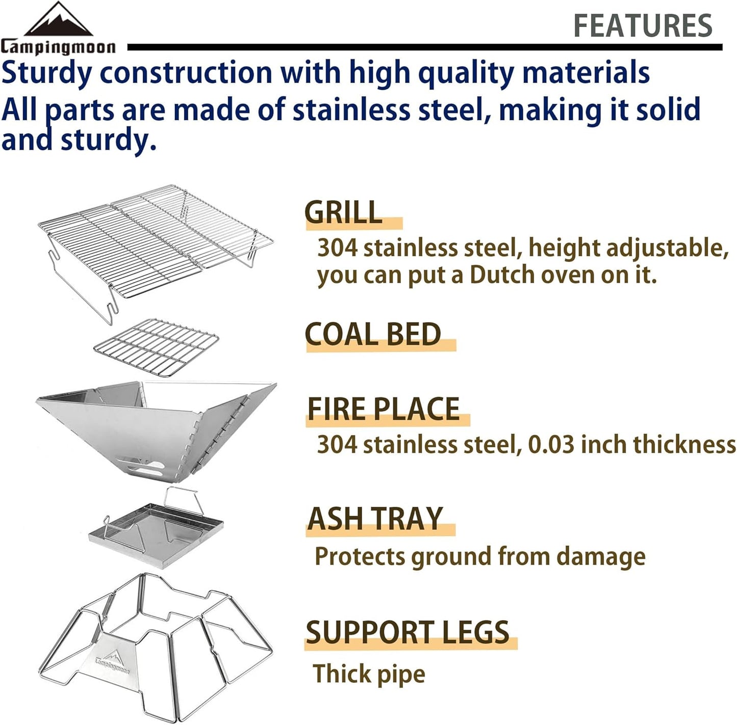 CAMPINGMOON Stainless Steel Foldable Camping Grills Portable Wood Burning Charcoal Grill 14-inch with Carrying Bag MT-2