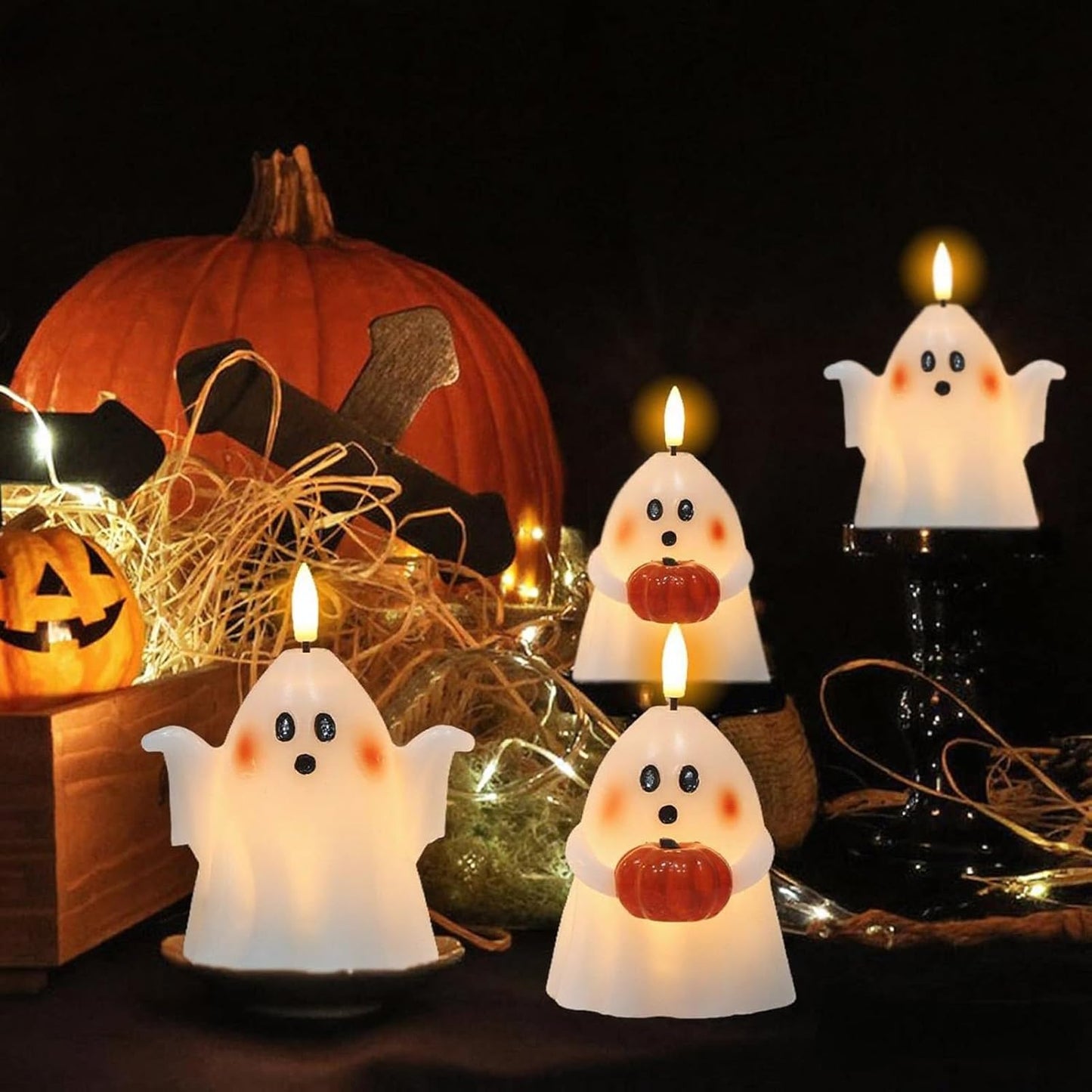 Wondise Halloween Flameless Candles with 6hrs Timer Spooky Ghost, Battery Operated Candles Halloween 3D Flickering Wick Real Wax 2 Packs Halloween Candles for Halloween Decoration Gift (D 3.5" x H 5"