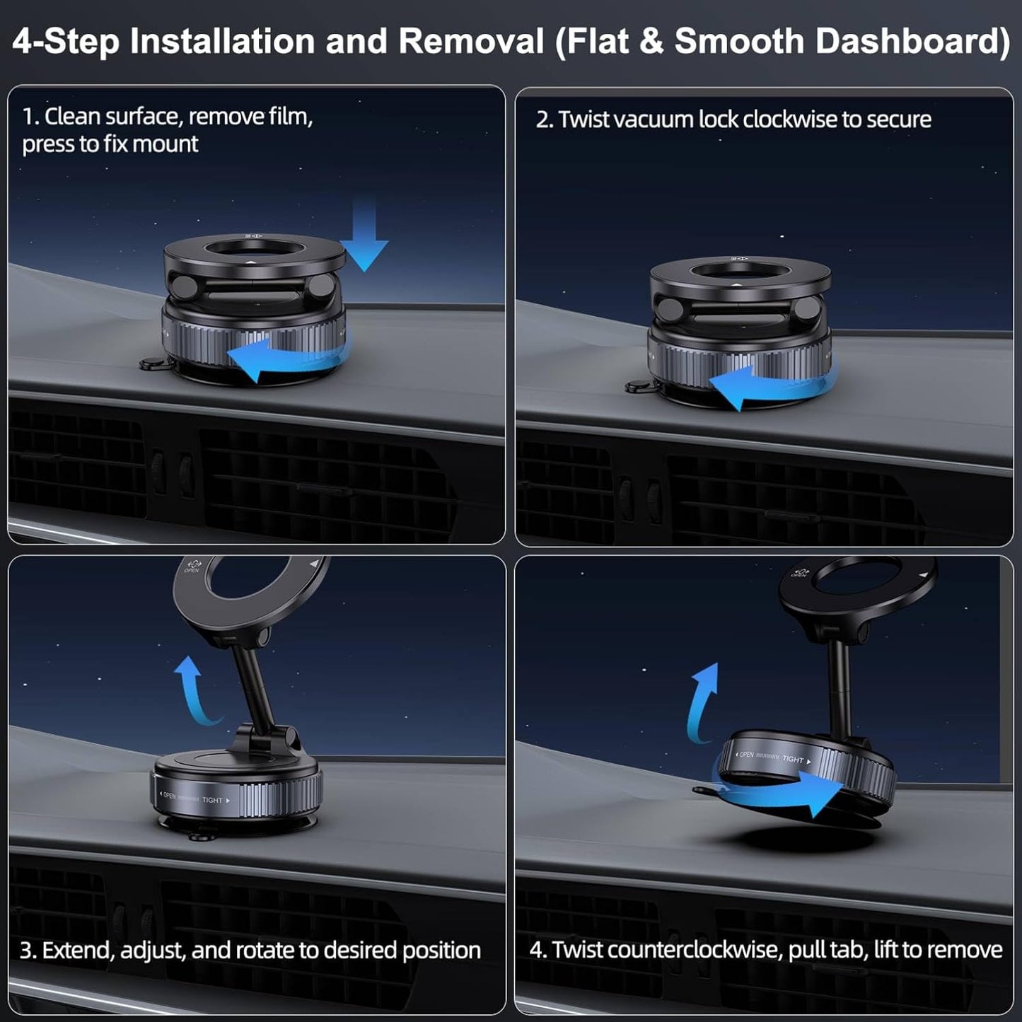 Vacuum Magnetic Suction Phone Holder, Foldable and Retractable Hands-Free Suction Cup Phone Mount for Car/Gym/Mirror/Smooth Surface, Compatible with iPhone Android and All Smartphones (Black)