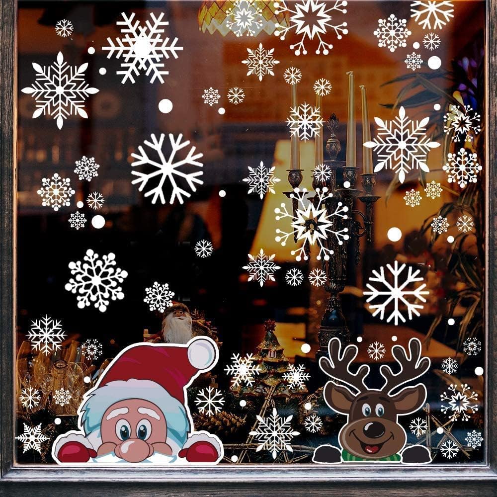 300 PCS 8 Sheet Christmas Snowflake Window Cling Stickers for Glass, Xmas Decals Decorations Holiday Snowflake Santa Claus Reindeer Decals for Party