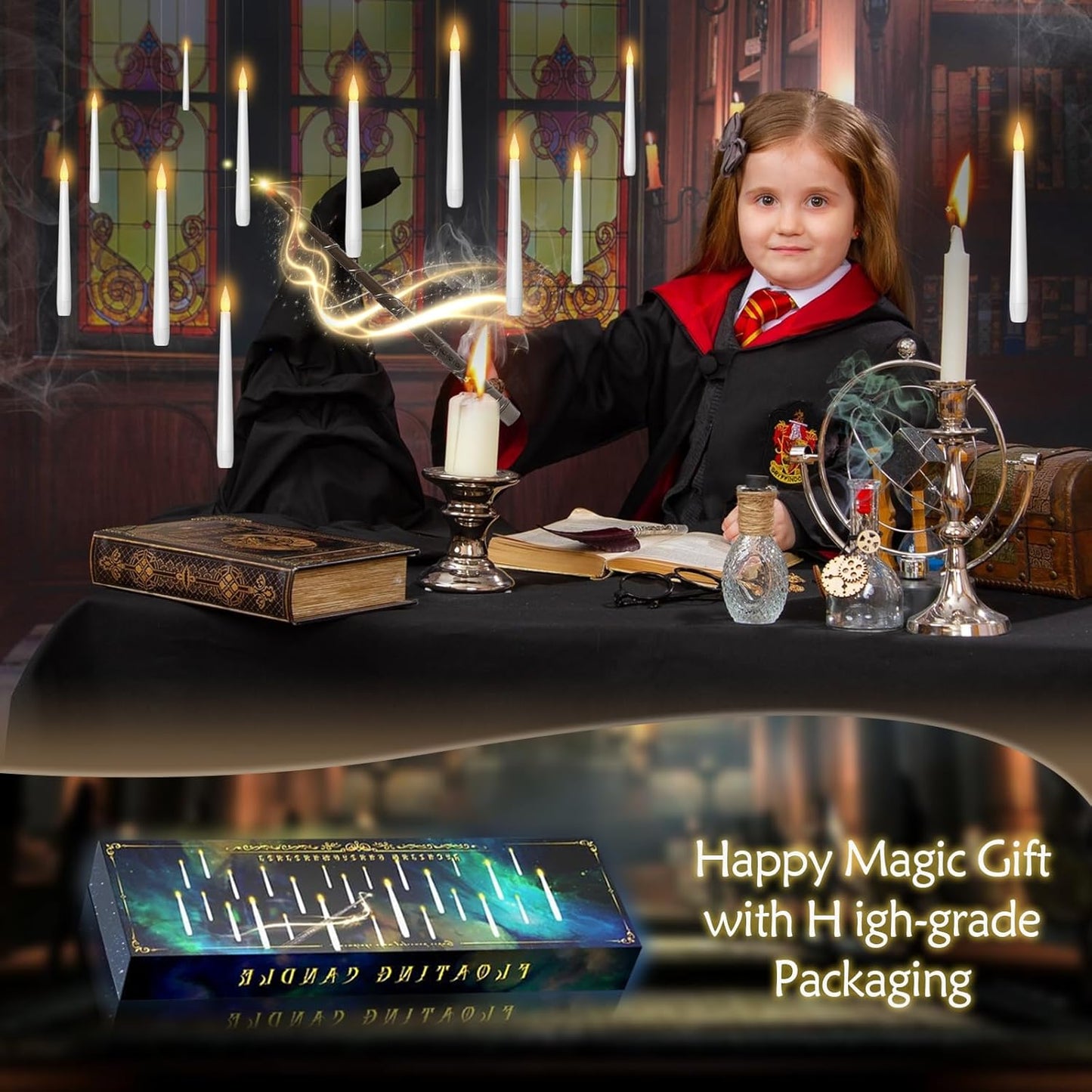 Flameless Floating Candles with Wand,20 Pcs Magic LED Hanging Taper Candles,Flickering Battery Operated Taper Candle with Wand Remote for Halloween Decorations Best Gift(White)