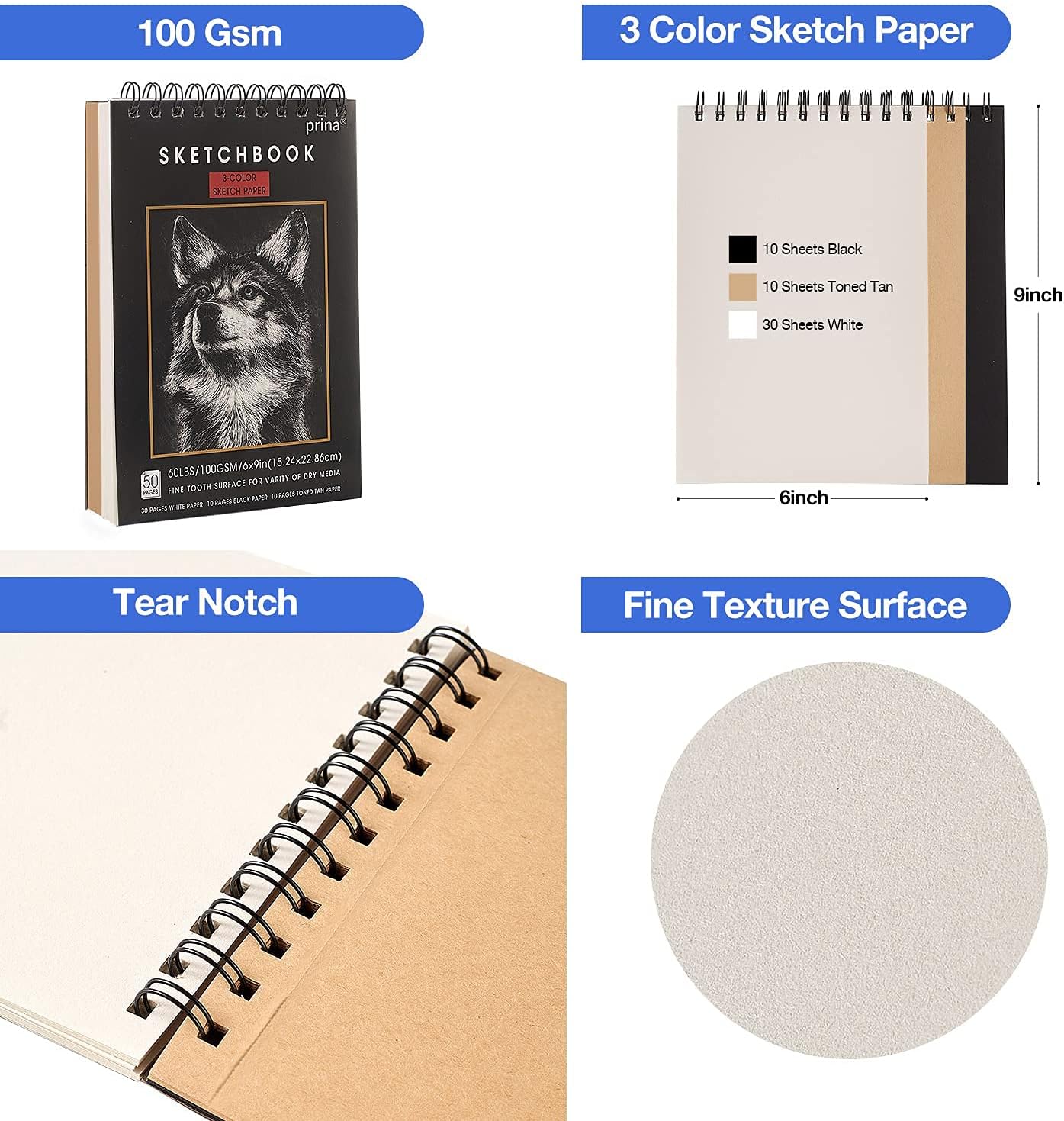 Prina 50 Pack Drawing Set Sketch Kit, Sketching Supplies with 3-Color Sketchbook, Graphite, and Charcoal Pencils, Pro Art Drawing Kit for Artists Adults Teens Beginner Kid, Ideal for Shading, Blending