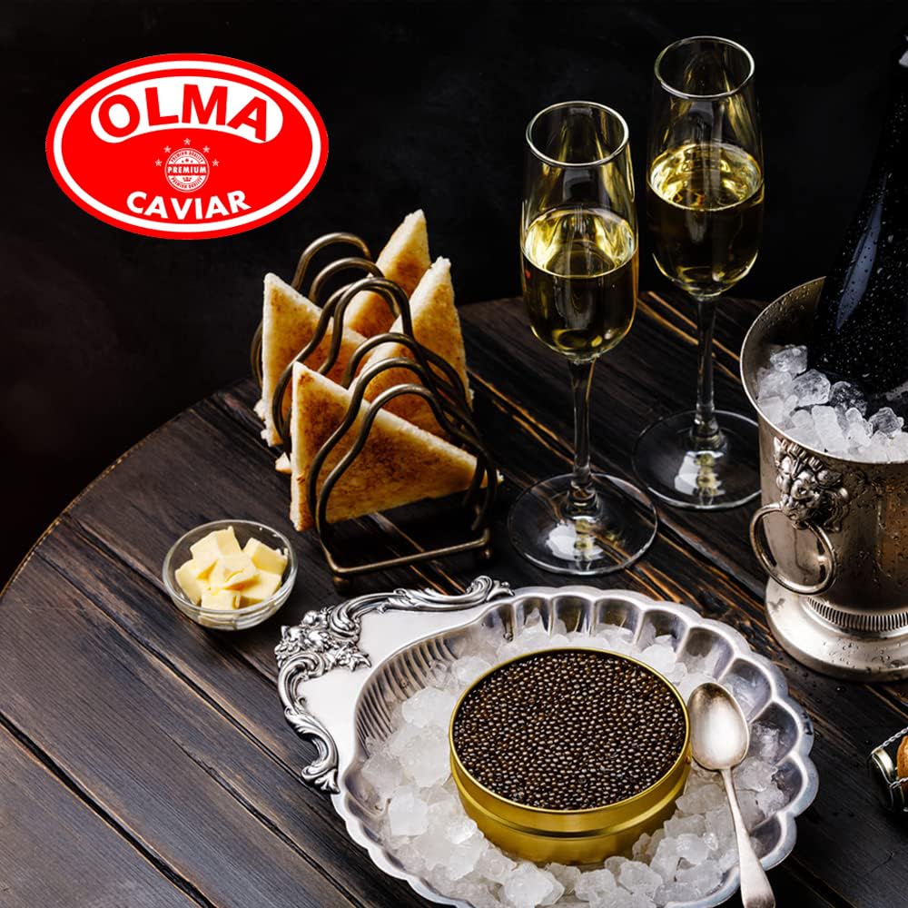 OLMA Classic Caviar Black Caviar Gift Box - Includes 2 oz of Siberian Osetra Aurora, White Sturgeon, Paddlefish, Hackleback Sturgeon Fish Roe & Mother of Pearl Serving Spoon - Overnight Delivery