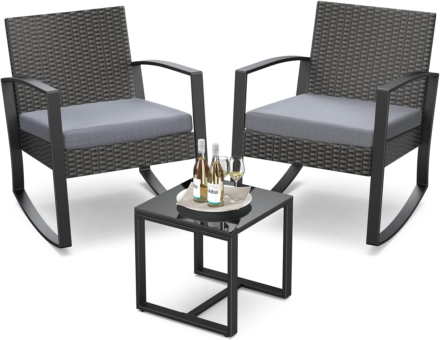 3 Pieces Outdoor Patio Furniture Set Rocking Bistro Set Outdoor Rattan Conversation with Coffee Table for Garden Balcony Backyard Poolside (Grey Cushion)